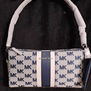 Michael Kors Jacquard & Leather Navy Blue Vincent Pouchette Bag  NWT